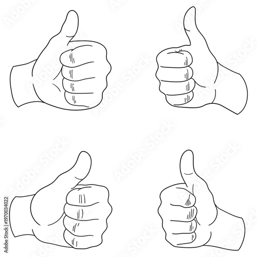Hand-drawn doodle set of thumbs up on a white background.