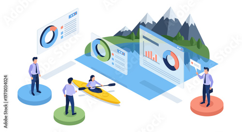 Isometric Business Data Analytics on Alpine Lake Mountain Adventure