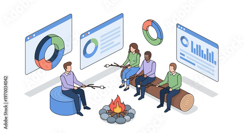Isometric Business Team Roasting Marshmallows Around Data Dashboard