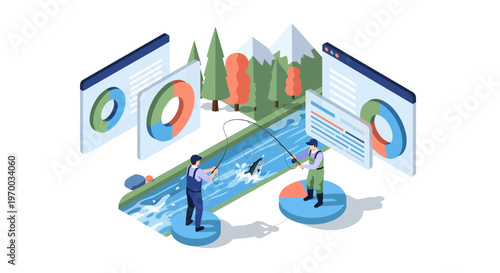 Isometric Fly Fishing and Outdoor Industry Data Analysis Concept