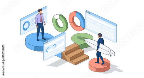 Isometric Business Professional and Surfer with Data Analysis Concept