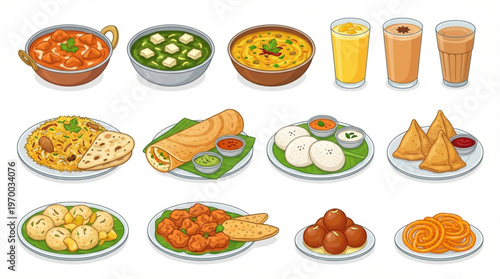 A vibrant collection of traditional Indian cuisine, showcasing diverse savory dishes, sweet desserts, and refreshing beverages for an authentic culinary journey