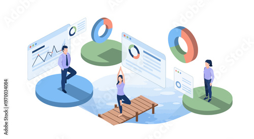 Isometric Business Professionals Practicing Yoga with Data Charts
