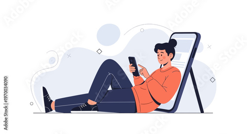 Person Relaxing with Smartphone Leaning Against Large Screen