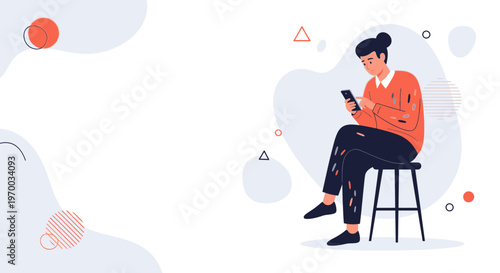 Young person using smartphone while sitting on stool, abstract shapes background