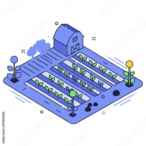 Blue isometric farm with rows of sprouting plants and barn illustration