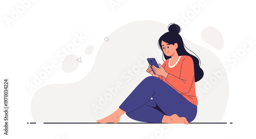 Sad Woman Sitting on Floor Looking at Smartphone Screen