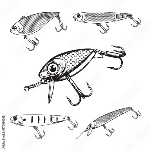 Artificial fishing lure, fishing lure line drawing, black line drawing on a white background.