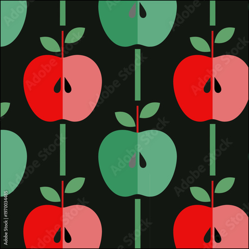 Red and green apples on a black background, cut-up fruit, minimalist, seamless pattern