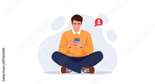 Man sitting cross-legged, using smartphone, notification bubble with number 1.