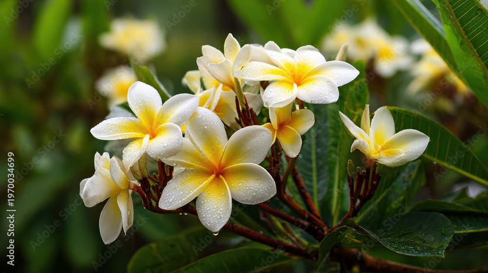 Fototapeta premium Fragrant Plumeria Bloom: A close-up view unveils the delicate beauty of a plumeria blossom, its pristine white petals graced with a sun-kissed yellow center, showcasing nature's exquisite artistry.