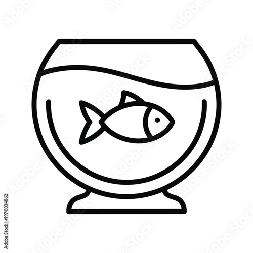 A clean black outline vector icon showing a single fish swimming inside a classic round glass fishbowl filled with water, representing a common pet.