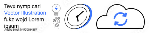 Data synchronization, time management, cloud storage, innovation, technology, and productivity. Cloud with sync icon, clock and lightbulb. Data synchronization and time management concept