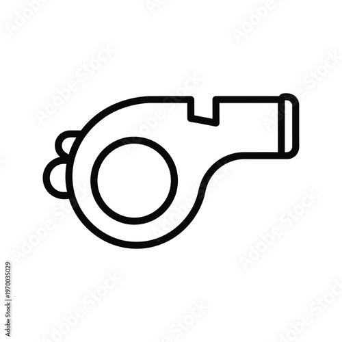 A clear black outline vector icon depicting a simple sports or referee whistle, often used for signaling or commanding attention, isolated on white.