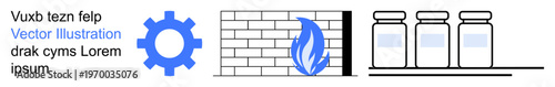Technology, safety systems, storage solutions, manufacturing, industrial processes, resource management. Gear symbol, brick wall with flame icon three jars on a shelf. Technology and safety systems