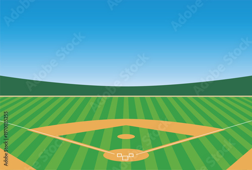 Vector baseball diamond baseball field at daytime clean sky background with infield dirt and outfield grass stock illustration