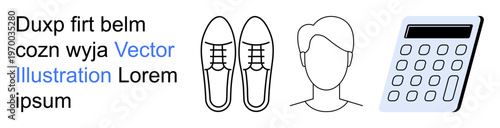 Fashion, business, education, calculation, identity, design trends. Outline art of shoes, male face and calculator with simple text. Fashion and business in minimal style