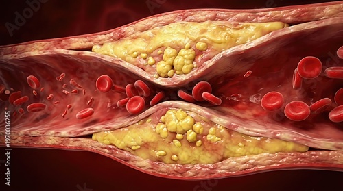 Vascular blockage hazard: arterial damage, lipid deposit, blood flow, heart disease, health risk, vessel lumen, cholesterol level, atherosclerosis process.
