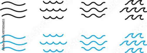Water Wave Icons Set.  Simple Blue and Black Sea Ripple Symbols for Marine Design