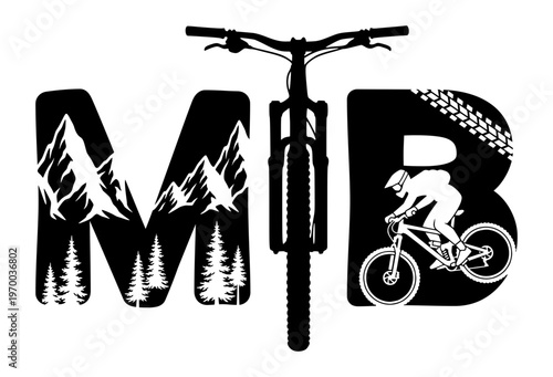 Mountain Bike MTB Lettering Concept With Forest Mountains And Downhill Rider, Extreme Sport Adventure Cycling Design For T-Shirt And Decal