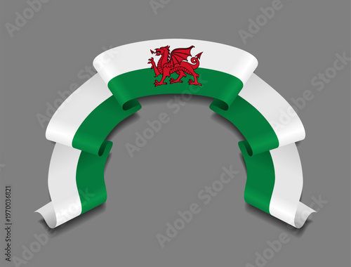 Welsh flag circular wavy ribbon, symbolizing national pride, ideal for patriotic badges, certificates, or cultural design themes. Vector illustration.