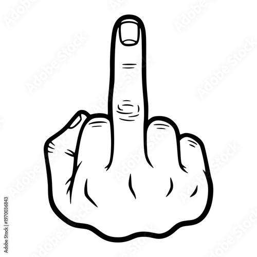 Middle Finger Hand Gesture Outline Illustration, Rude Offensive Sign For Streetwear Design