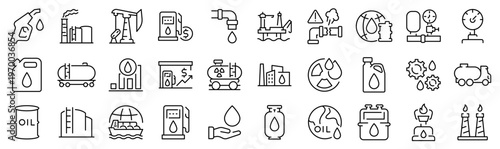 Oil gas line web icons. Contains such Icons as Gas Station, Oil Factory, Transportation. industry. Editable Stroke