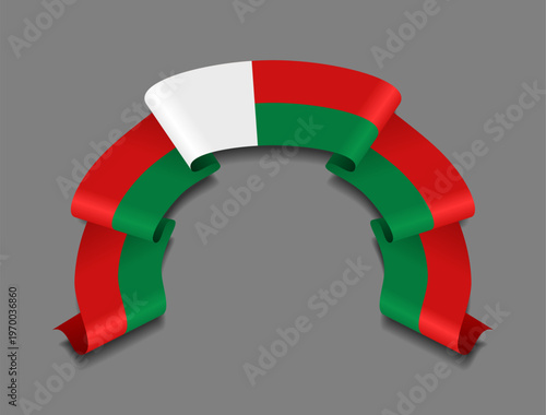 Madagascar flag circular wavy ribbon, symbolizing national pride, ideal for patriotic badges, certificates, or cultural design themes. Vector illustration.