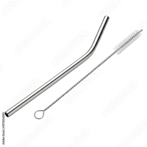 Metal straw and brush cleaning tool isolated on transparent background