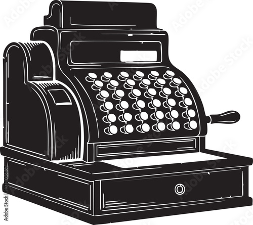 Vintage cash register with drawer open on white background illustrating a classic point of sale system