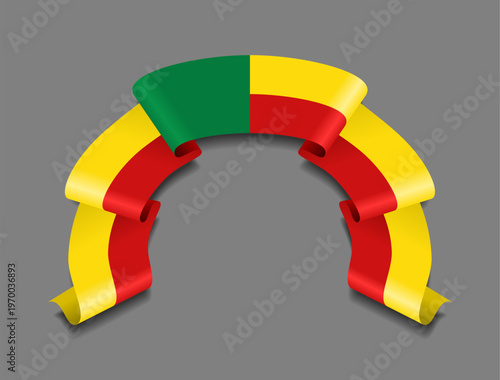 Benin flag circular wavy ribbon, symbolizing national pride, ideal for patriotic badges, certificates, or cultural design themes. Vector illustration.