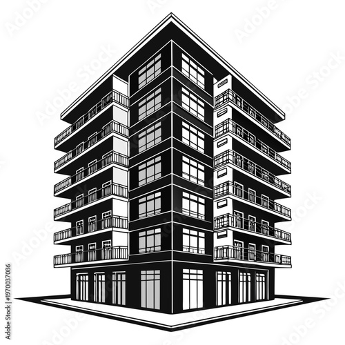 Modern apartment building silhouette, black high-rise residential skyscraper with balconies isolated on white background