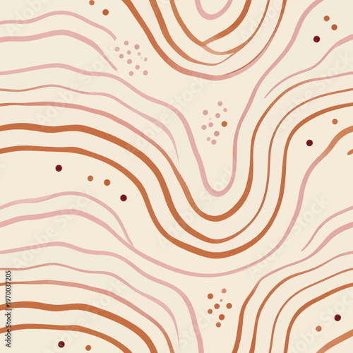 Abstract wavy line pattern design background; fluid organic shape illustration with earthy color palette; seamless texture of flowing curves and scattered dots for contemporary graphic.