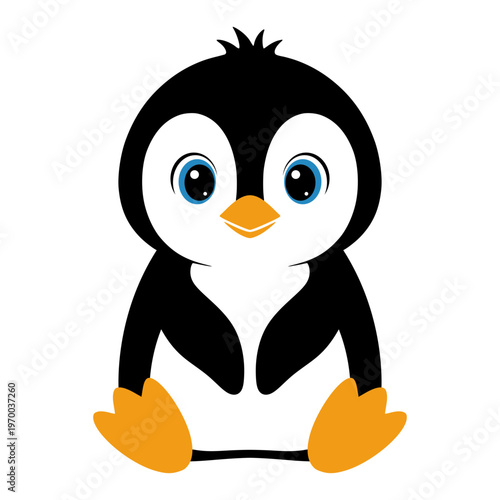 Cute Baby Penguin Vector Illustration, Adorable Antarctic Flightless Bird Character With Large Blue Eyes, Charming Animal Mascot Silhouette For Kids Design, Flat Style Winter Wildlife Graphic