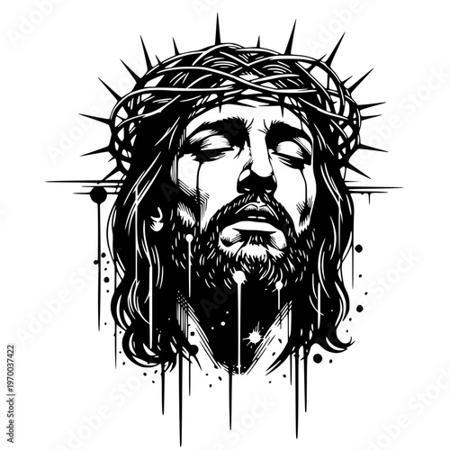 Sacred Portrait Of Jesus Christ Wearing The Crown Of Thorns, Religious Spiritual Symbol Of Faith And Sacrifice, Christian Art Illustration With Dripping Paint Detail For Worship And Devotion