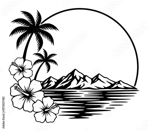 Tropical Hawaiian Island Landscape With Palm Trees And Hibiscus Flowers, Beautiful Ocean Sunset Scene In Circular Frame, Exotic Vacation Paradise Illustration For Summer Travel Branding