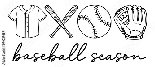 Vintage Baseball Season Sports Equipment Set With Jersey Bat Ball And Glove, Classic Athletic Competition Icons In Linear Style, Team Sports Hobby Illustration For Game Day And Fan Apparel