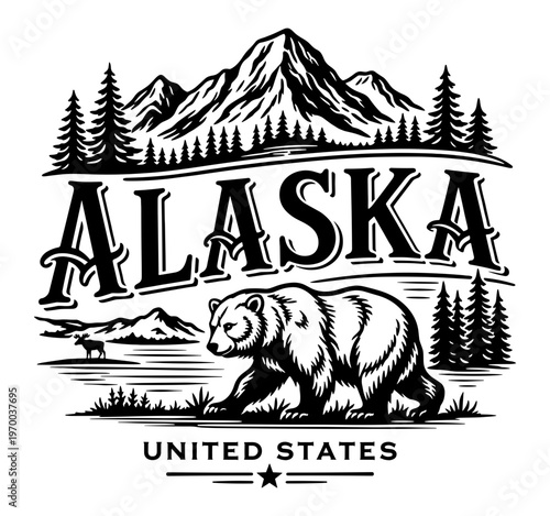 Alaska United States Wilderness Landscape With Grizzly Bear And High Mountains, Pine Forest Nature Scene With Moose Silhouette, Vintage Travel Souvenir Design For Adventure And National Park Lovers