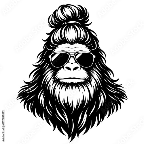 Funny Sasquatch Bigfoot Wearing Aviator Sunglasses And A Trendy Messy Bun Hairstyle, Cool Urban Myth Creature Vector Design For Apparel