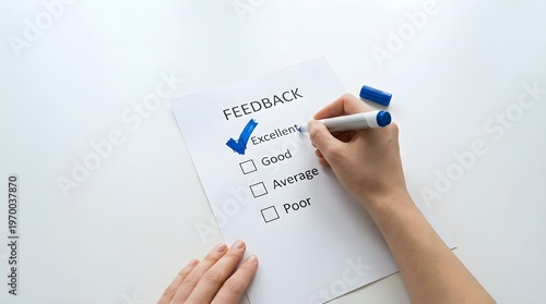 Light-Skinned Hand Holding White Marker Completing Feedback Rating Checkbox Average Good Excellent Bad Photo White Background Space space.