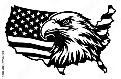 Powerful Bald Eagle Profile Superimposed Over The Map Of The United States Of America With Stars And Stripes, Patriotic National Symbol Design