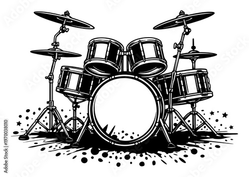 Professional Acoustic Drum Kit Musical Instrument Set With Cymbals And Splatter Elements, Detailed Percussion Gear Vector For Music Lovers