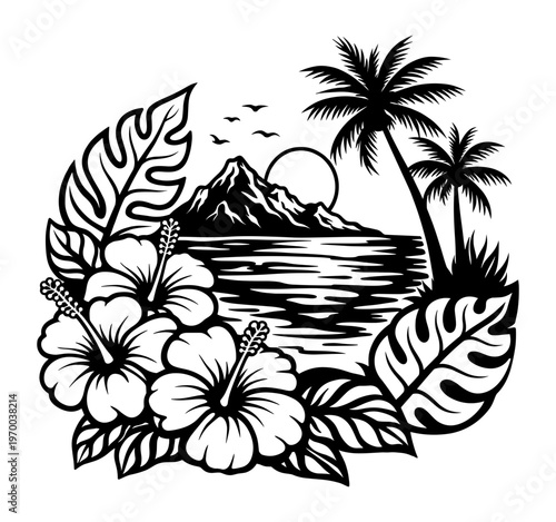 Tropical Paradise Island Beach Scene With Palm Trees Hibiscus Flowers Mountain Landscape And Setting Sun Over Ocean Waves Vector Artwork