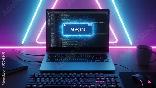 Computer screen displaying ai agent software with glowing code interface. Cyber workspace with futuristic neon lighting for software development and programming task.
