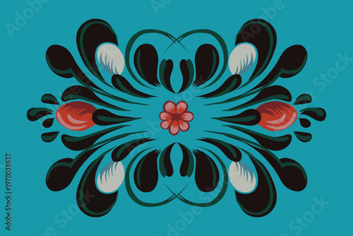 Symmetrical floral ornament in traditional Bangladeshi rickshaw painting style. Vibrant ethnic flower and leaf motif vector for decorative design. Editable EPS file. Traditional Rickshaw Painting art.