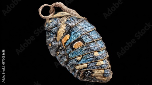 Detailed macro photograph captures the texture and coloration of an insect pupa suspended by twine against a dark background.