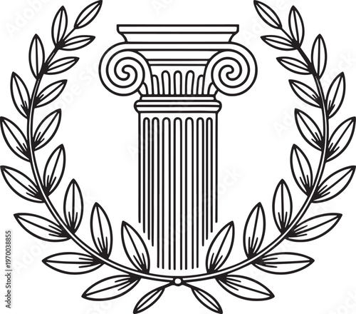 Ancient Greek column and laurel wreath for architectural or historical theme. Vector illustration