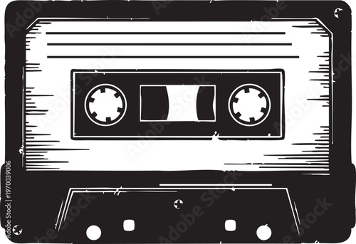 Retro cassette tape illustration with black and white design elements and distressed texture