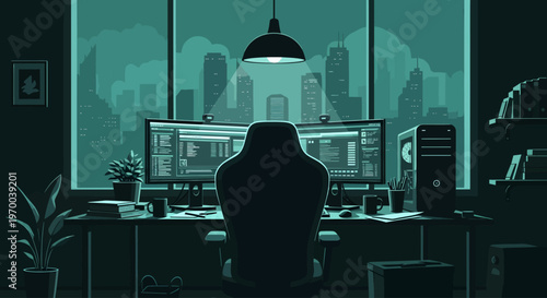 Bathed in the soft glow of a single pendant lamp, this sleek dual-monitor workstation sits ready in a darkened room, offering an empty sanctuary against the backdrop of a sprawling, silent city scene