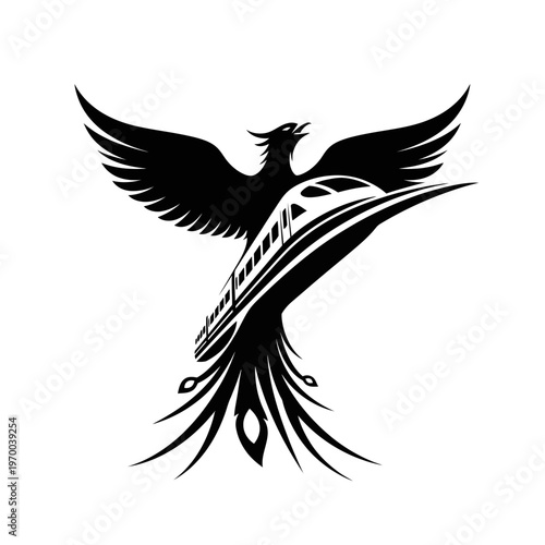 Phoenix carrying a train, symbol of rebirth and transportation.